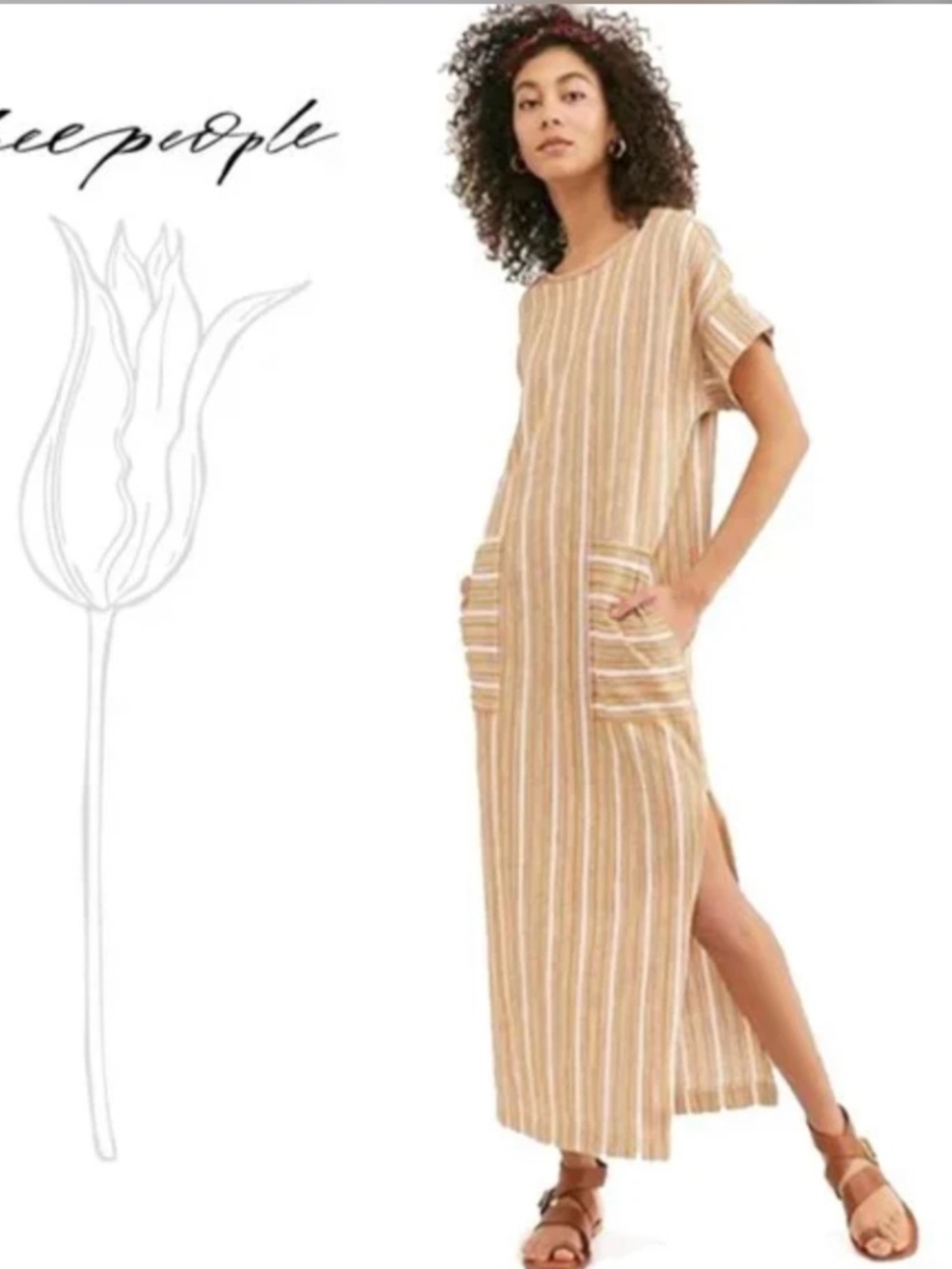 Free People FP Beach Marguerite Striped Dress Tan White Maxi Tee Dress Boho SX